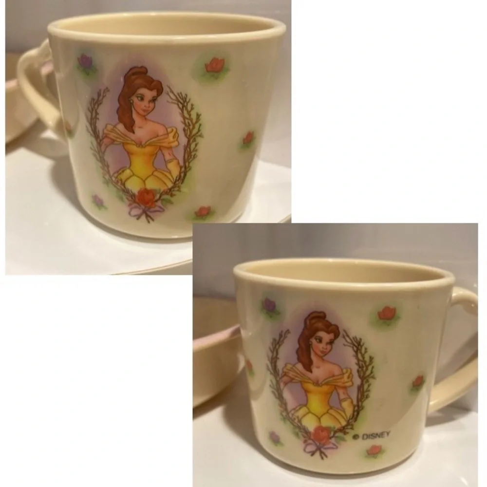 EUC Vintage Beauty & The Beast 3 pc set: bowl, cup, Belle figure, 1990's